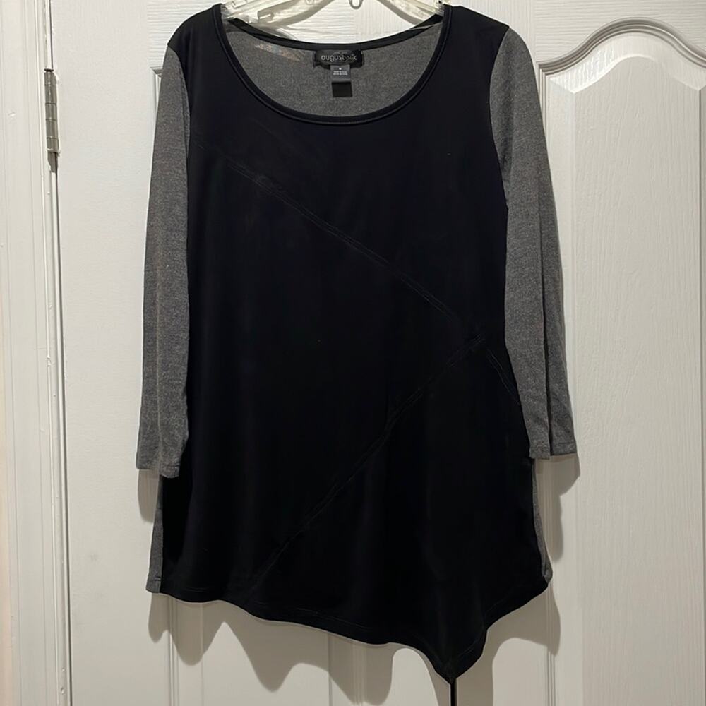 August Silk M black grey asymmetrical hemline top worn once euc faux suede